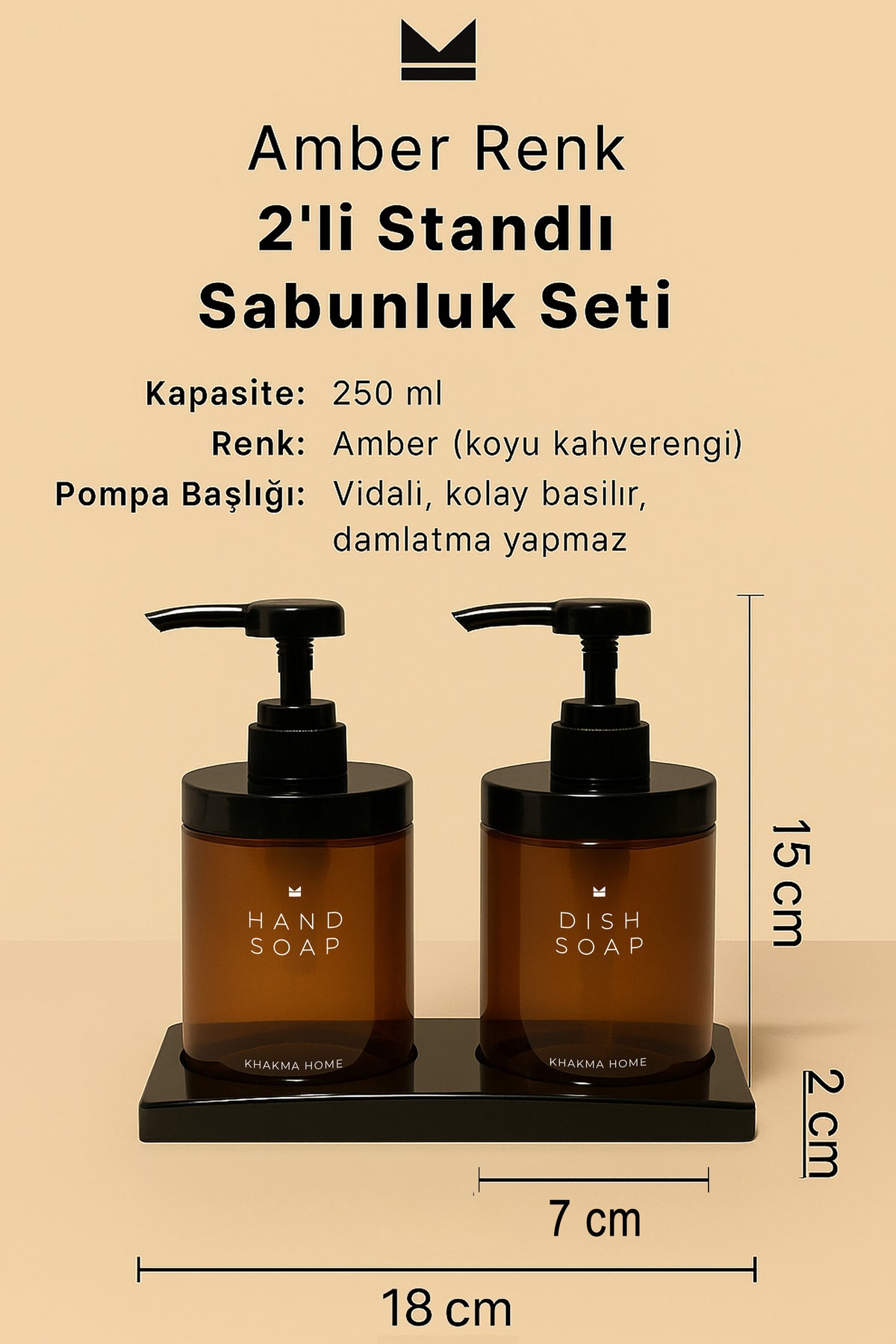 2'li standlı sabunluk seti ölçüleri: 250 ml, 15 cm yükseklik, stand 18 x 7 cm