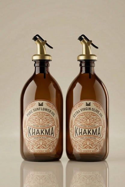 Altın rengi damlatmaz başlıklı, vintage etiketli 2'li 500 ml amber cam yağdanlık
