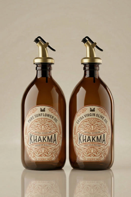 Altın rengi damlatmaz başlıklı, vintage etiketli 2'li 500 ml amber cam yağdanlık