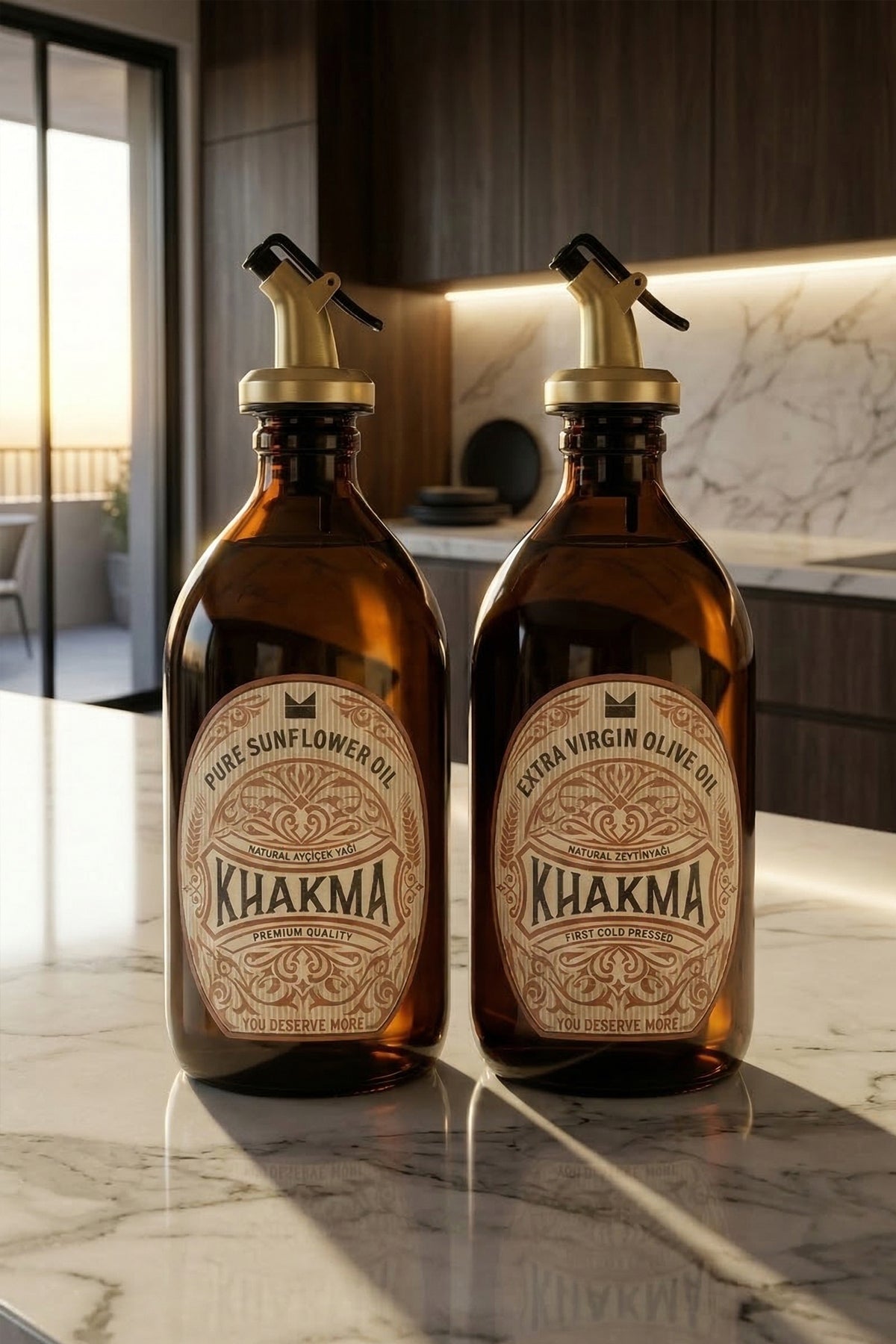 Mermer tezgâhta gün ışığında duran Khakma etiketli amber cam yağdanlık seti