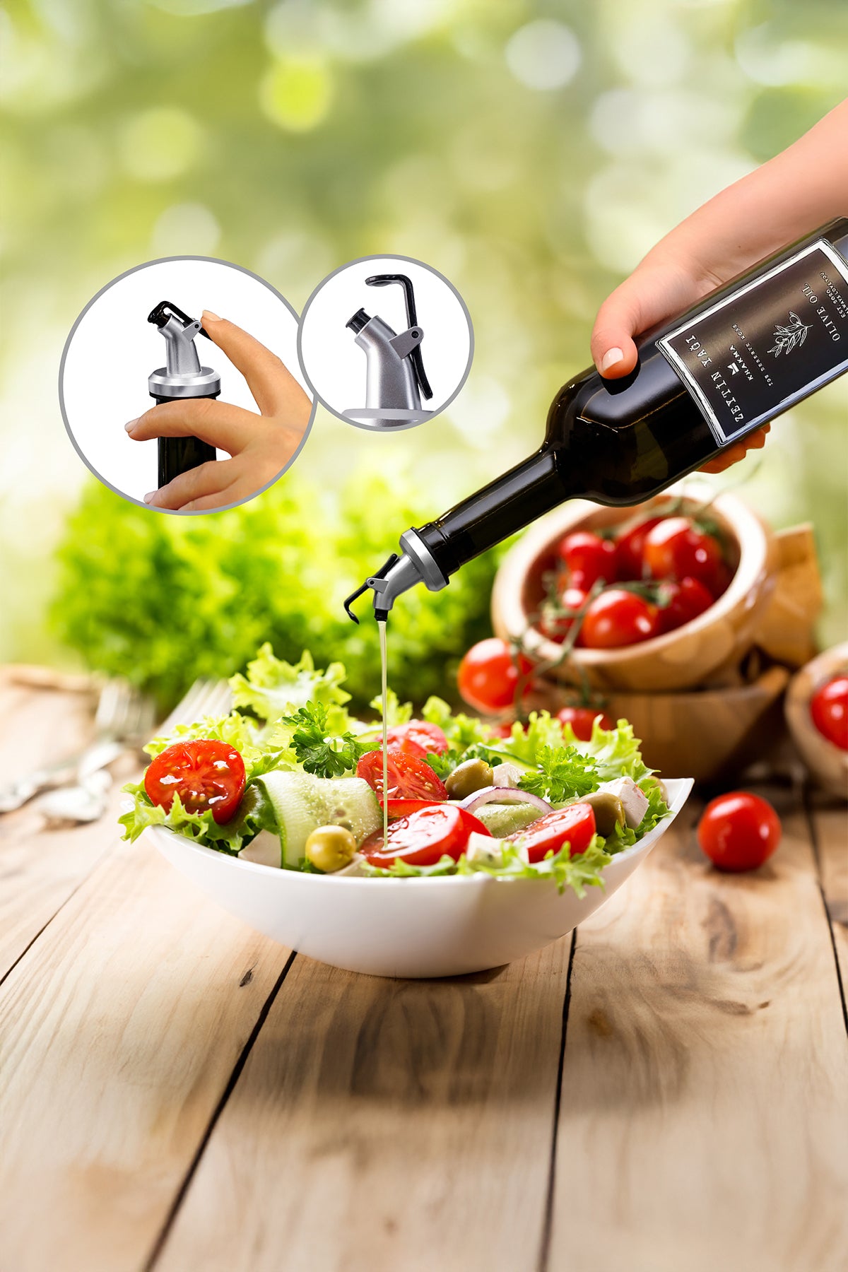 Damlatmaz başlıklı cam şişeden salataya zeytinyağı dökülmesi