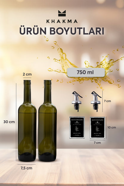 750 ml cam şişe, başlık ve etiket ölçülerini gösteren ürün boyutları görseli