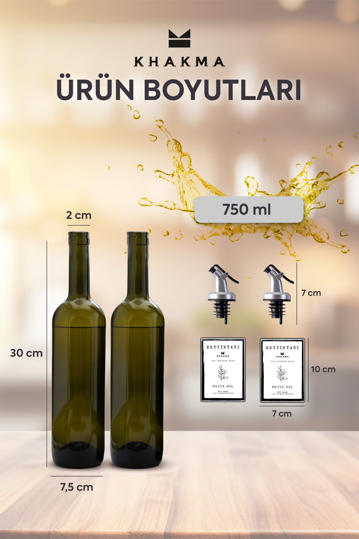 750 ml cam zeytinyağı şişesi ölçü görseli: 30 cm boy, 7,5 cm taban