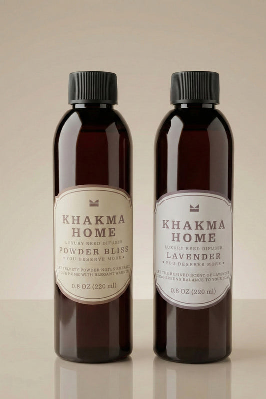 Khakma Home Powder Bliss pudra ve Lavender lavanta oda kokusu esansı, iki amber şişe