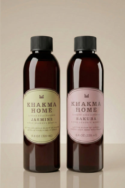 Yan yana Yasemin ve Sakura etiketli 2'li amber şişe oda kokusu seti