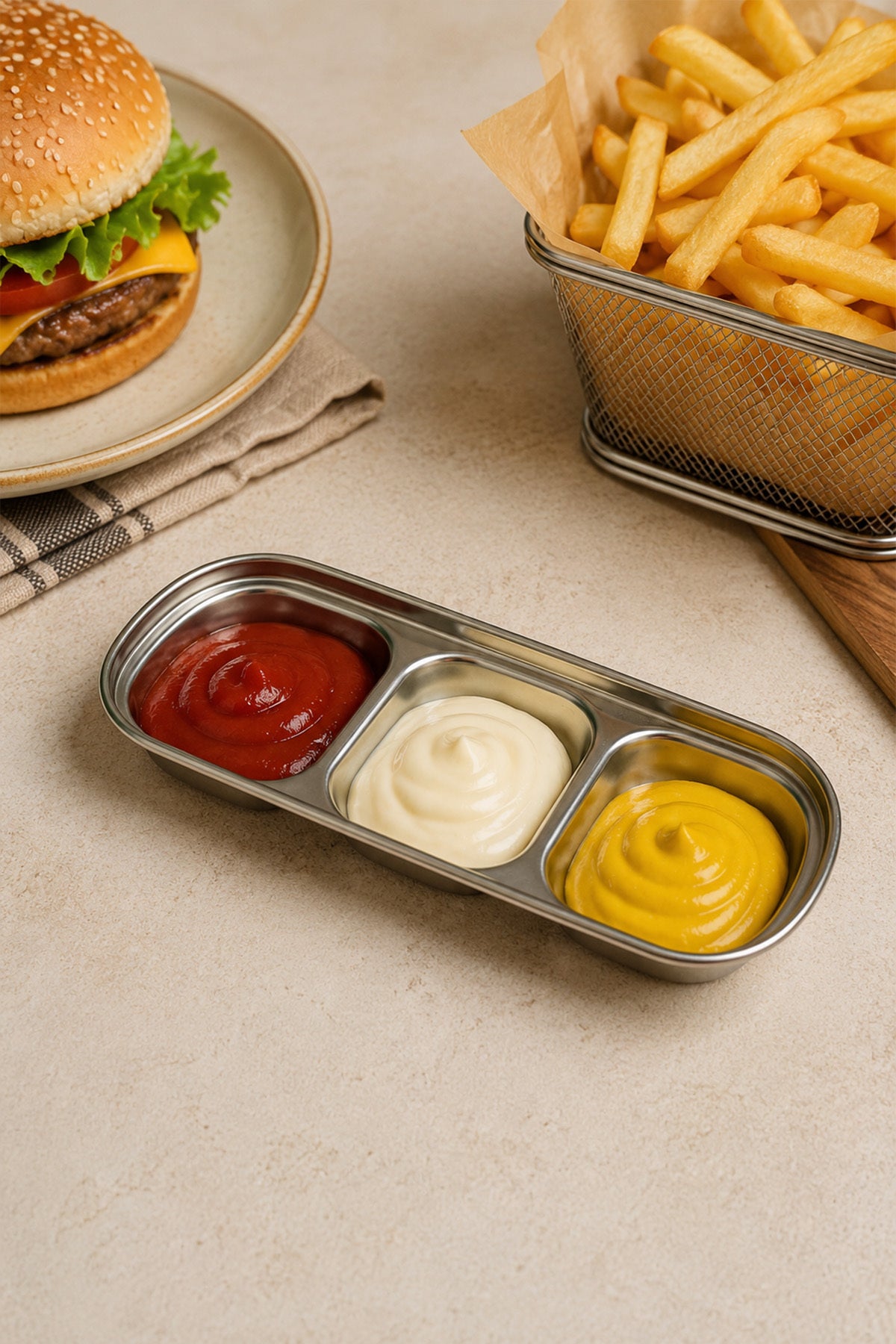 Hamburger ve patates yanında ketçap, mayonez ve hardal dolu gümüş paslanmaz çelik sosluk