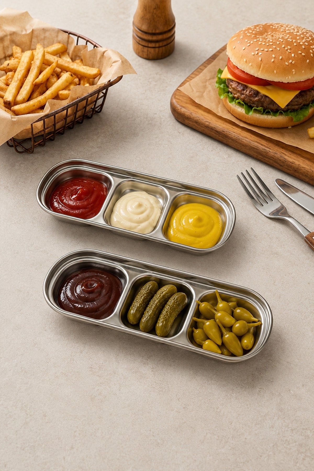 Soslar ve turşu dolu iki gümüş 3 bölmeli sunum kabı, arkada burger ve patates