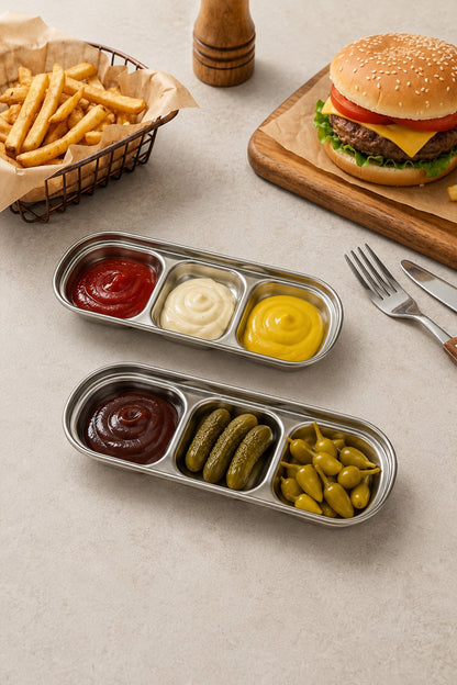 Soslar ve turşu dolu iki gümüş 3 bölmeli sunum kabı, arkada burger ve patates