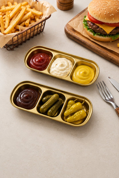 Altın renkli sunum kaplarında ketçap, mayonez, hardal ve turşu, arkada burger