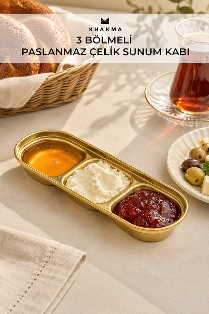 Altın renkli 3 bölmeli paslanmaz çelik sunum kabında bal, kaymak ve reçel