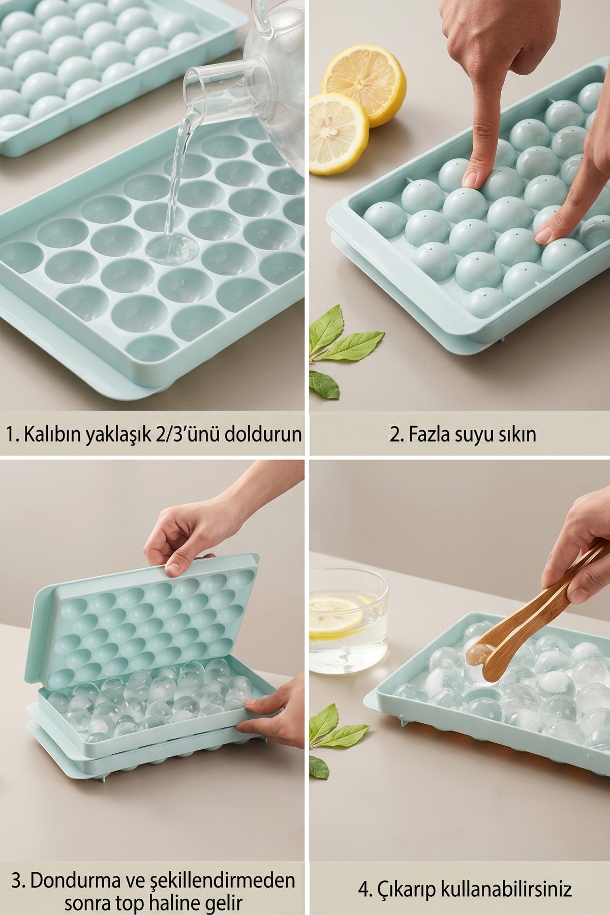 Küre buz kalıbının doldurma, sıkma, dondurma ve çıkarma adımları