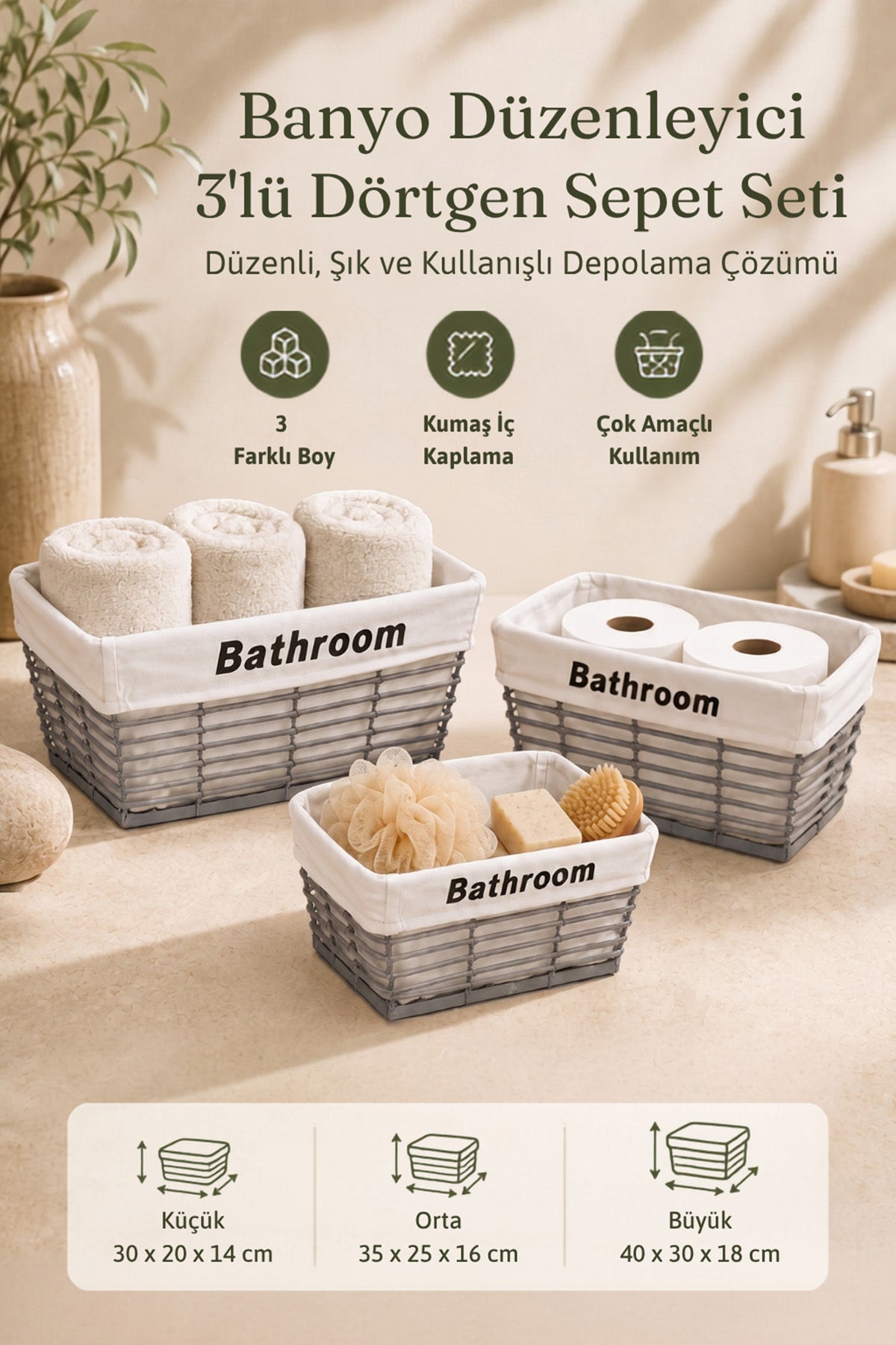 Gri banyo düzenleyici sepet setinin boy ve özellik bilgilerini gösteren tanıtım görseli