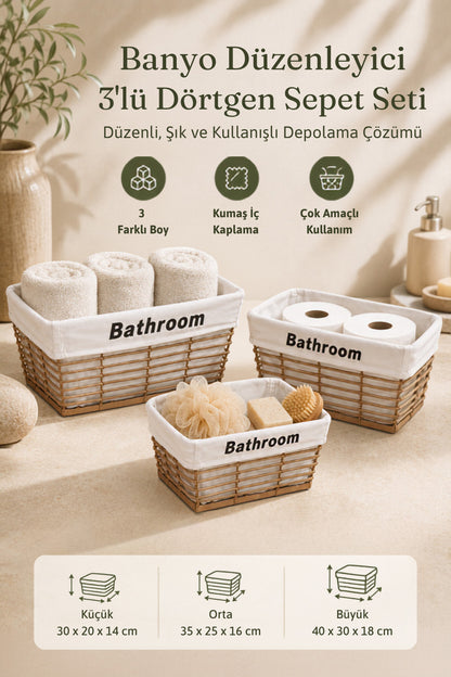 Bej banyo düzenleyici sepet setinin boy ve özellik bilgilerini gösteren tanıtım görseli