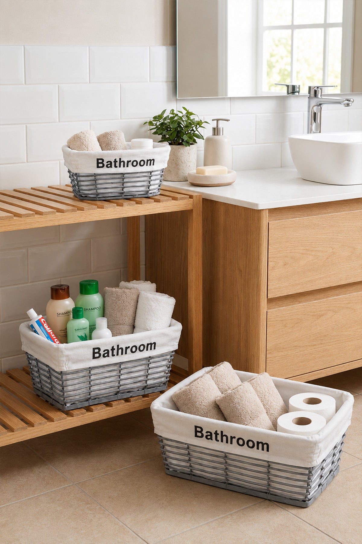 Banyo tezgahı ve rafında havlu ve bakım ürünleriyle dolu gri sepetler