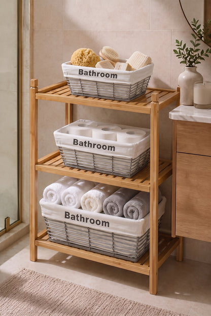 Ahşap banyo rafında sabun, tuvalet kağıdı ve havlu dolu üç gri sepet