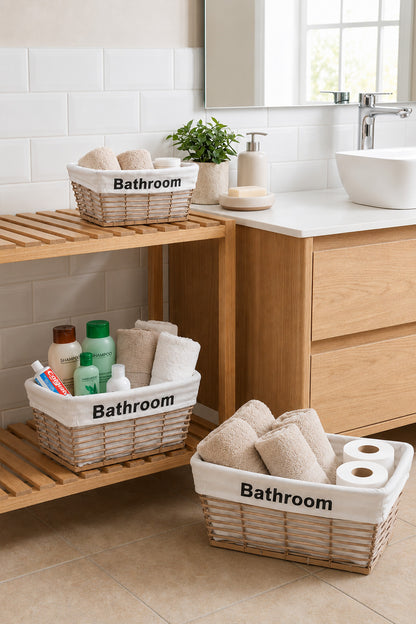 Banyo köşesinde havlu, tuvalet kağıdı ve şampuanla dolu bej hasır sepetler