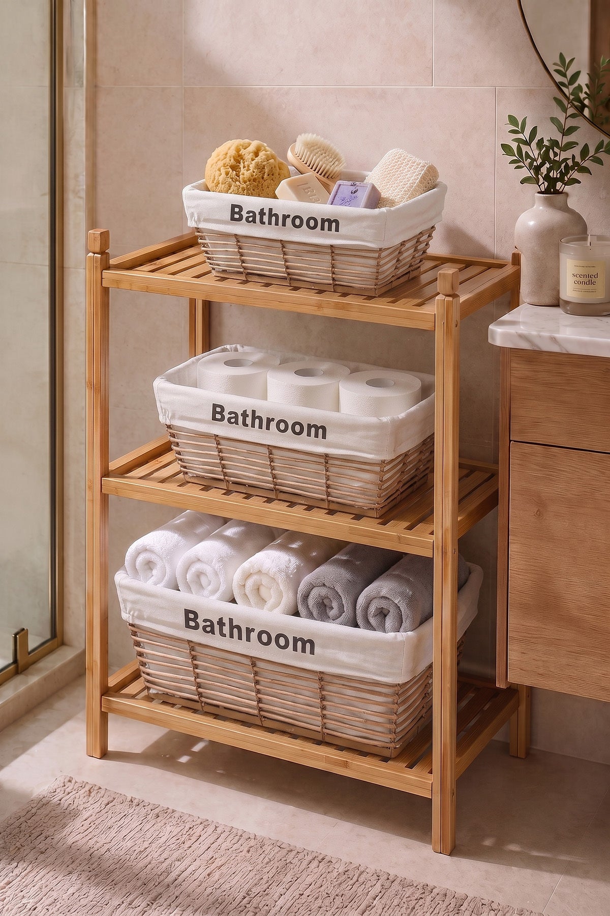 Ahşap raf üzerinde havlu ve banyo ürünleriyle düzenlenmiş bej sepetler