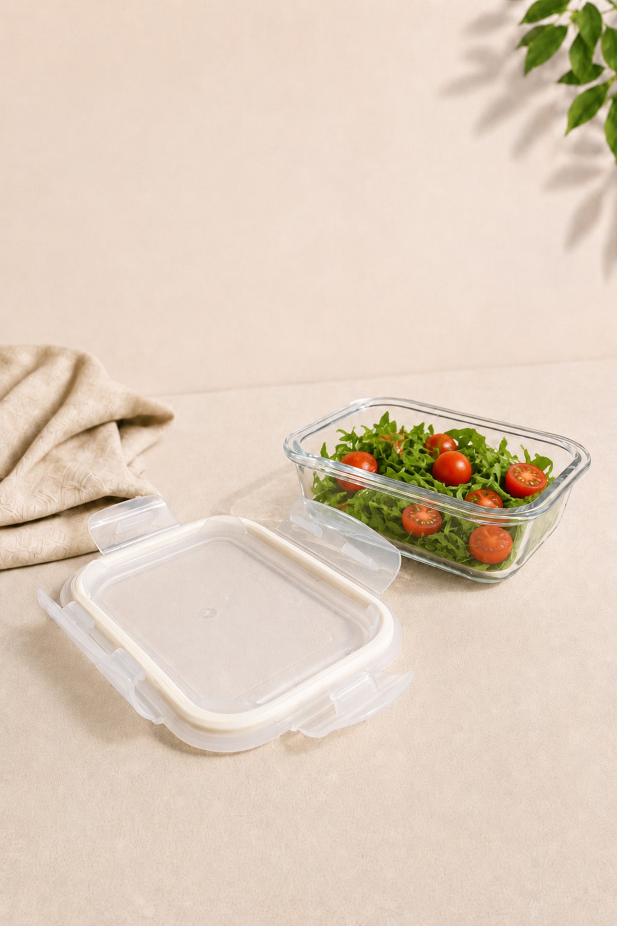 Salata dolu cam saklama kabı ve yanında contalı kilitli kapağı