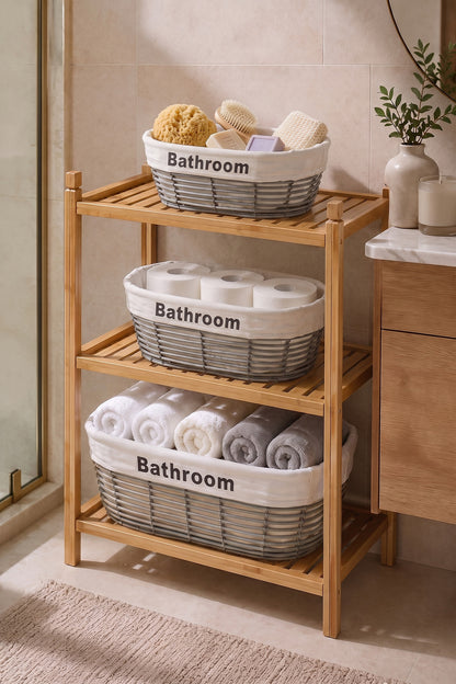 Ahşap banyo rafının üç katında sabun, rulo kağıt ve havlu dolu gri oval sepetler