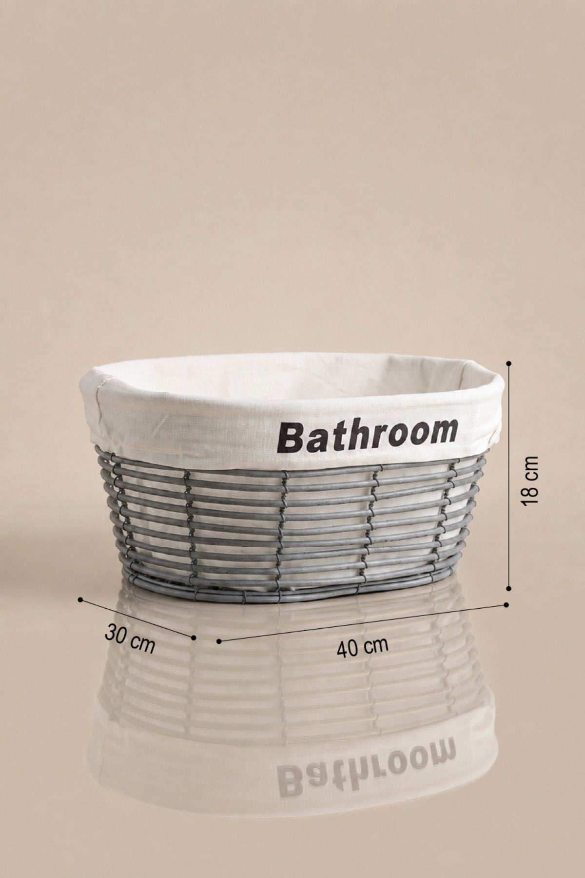 Büyük boy gri oval sepet ölçüleri: 40 x 30 cm, 18 cm yükseklik