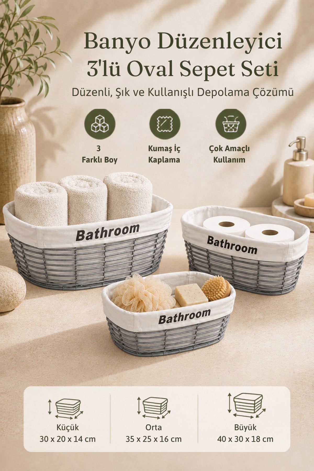 Gri 3'lü oval banyo düzenleyici sepet seti infografiği, üç boy ve çok amaçlı kullanım
