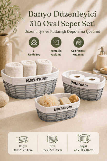 Gri 3'lü oval banyo düzenleyici sepet seti infografiği, üç boy ve çok amaçlı kullanım