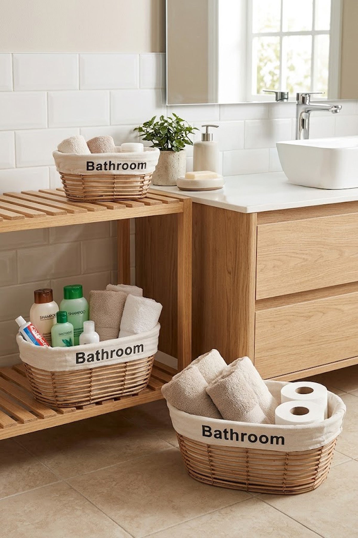 Banyo rafı ve lavabo altında havlu ve bakım ürünleriyle dolu bej 3'lü oval sepet seti