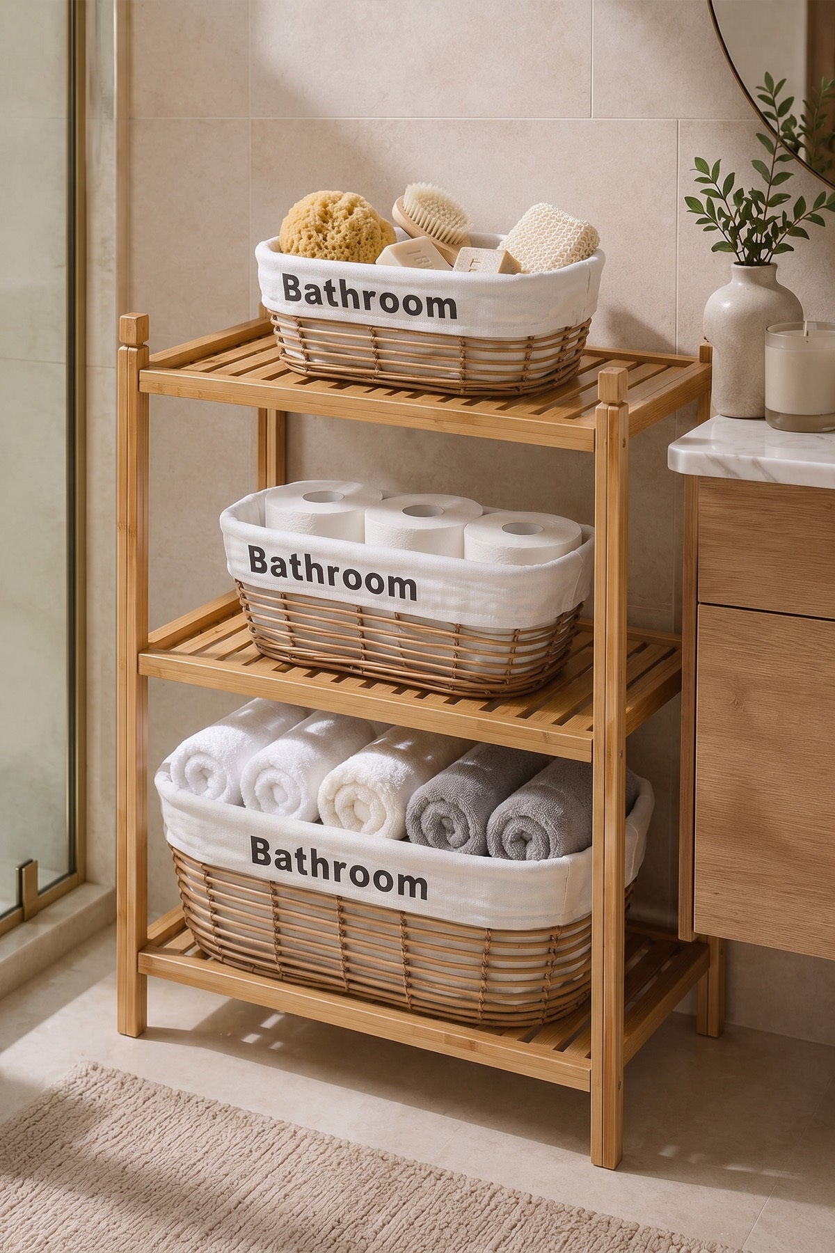 Ahşap banyo rafında sabun, tuvalet kağıdı ve havlu dolu üç bej hasır sepet