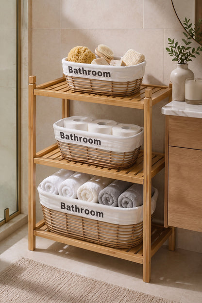 Ahşap banyo rafında sabun, tuvalet kağıdı ve havlu dolu üç bej hasır sepet