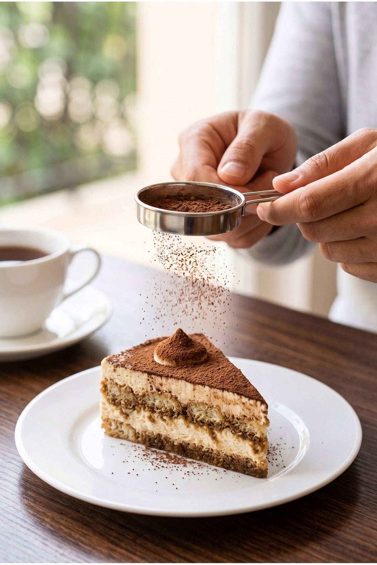 Tiramisu dilimi üzerine paslanmaz çelik mini süzgeçle kakao elenmesi