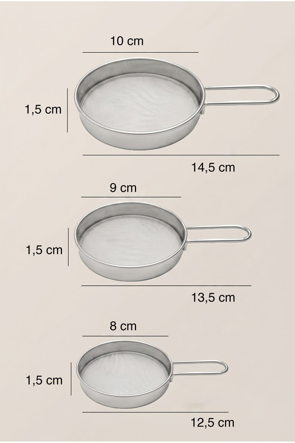 3'lü mini süzgeç seti ölçüleri: 8, 9 ve 10 cm çap, 1,5 cm derinlik