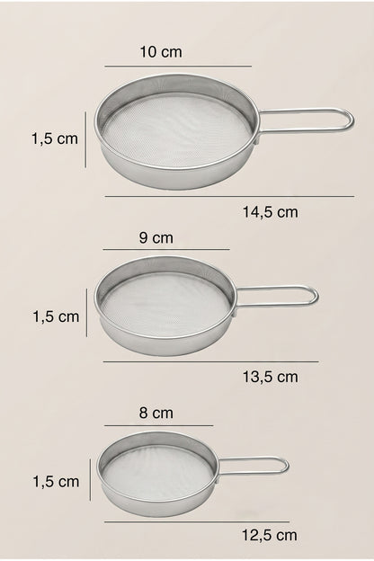 3'lü mini süzgeç seti ölçüleri: 8, 9 ve 10 cm çap, 1,5 cm derinlik