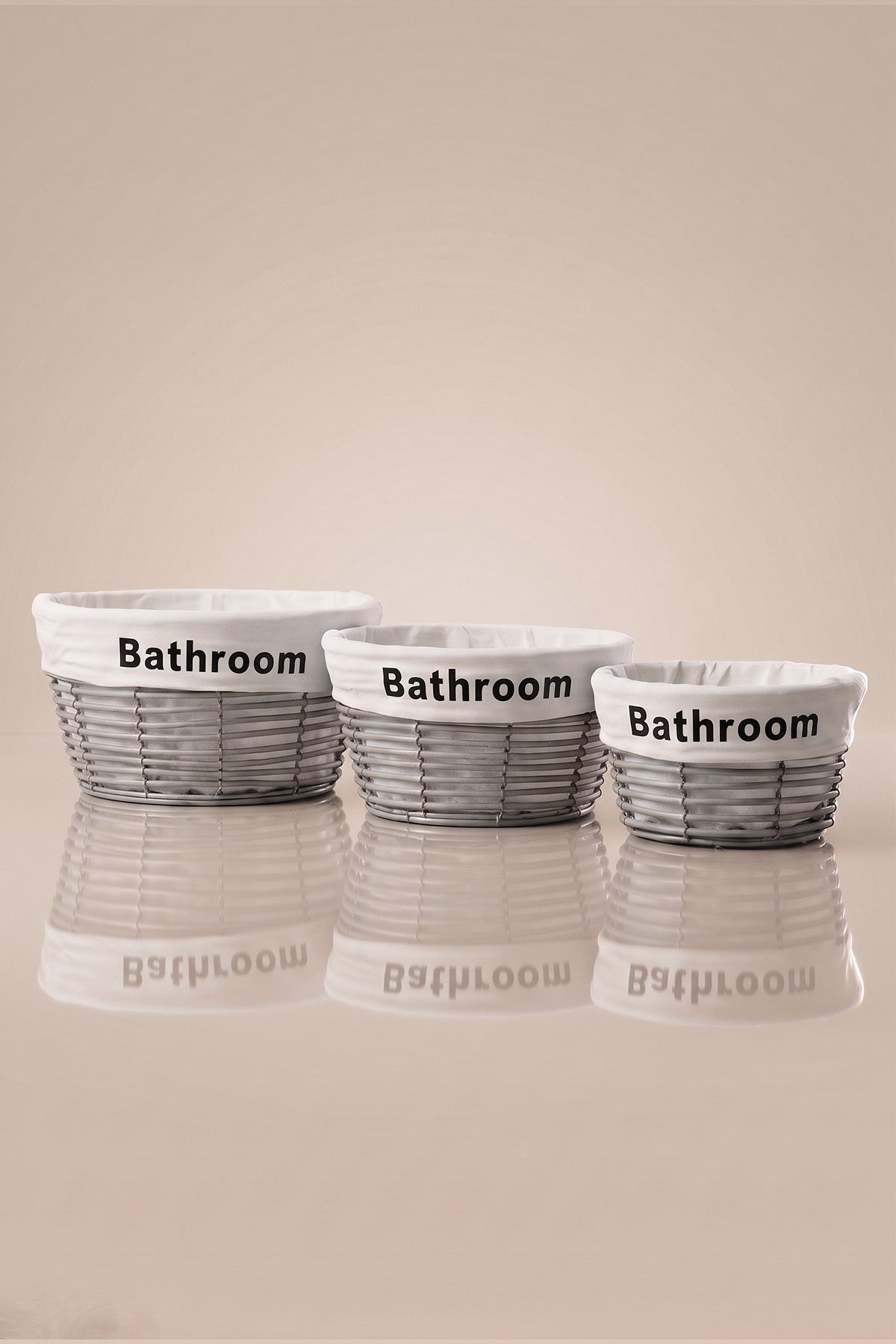 Gri 3'lü yuvarlak banyo sepet seti, beyaz Bathroom yazılı kumaş astarlı