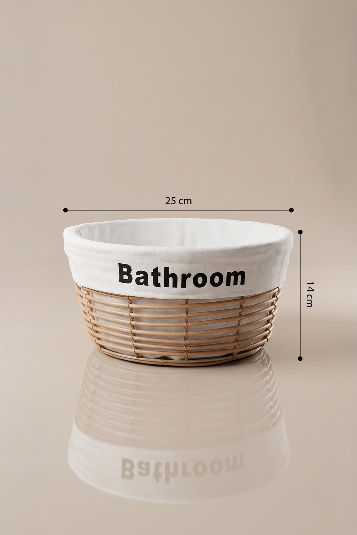 Küçük boy bej banyo sepeti ölçüleri: 25 cm çap, 14 cm yükseklik