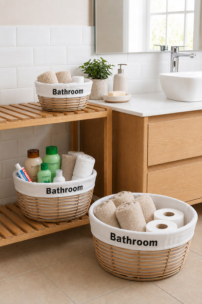 Banyo rafında ve zeminde bej sepetlerle düzenlenmiş havlu ve bakım ürünleri