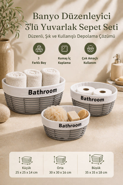 Gri banyo düzenleyici sepet seti özellikleri: 3 boy, kumaş iç kaplama, çok amaçlı