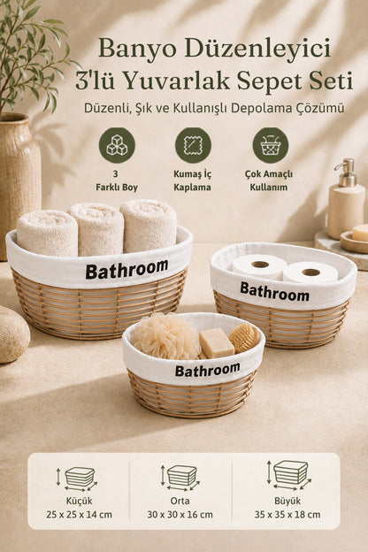 Bej banyo düzenleyici sepet seti özellikleri: 3 boy, kumaş iç kaplama, çok amaçlı