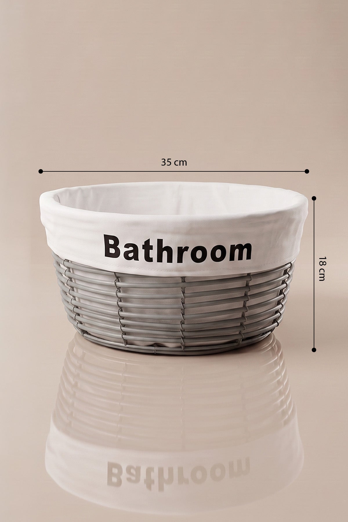 Büyük boy gri banyo sepeti ölçüleri: 35 cm çap, 18 cm yükseklik