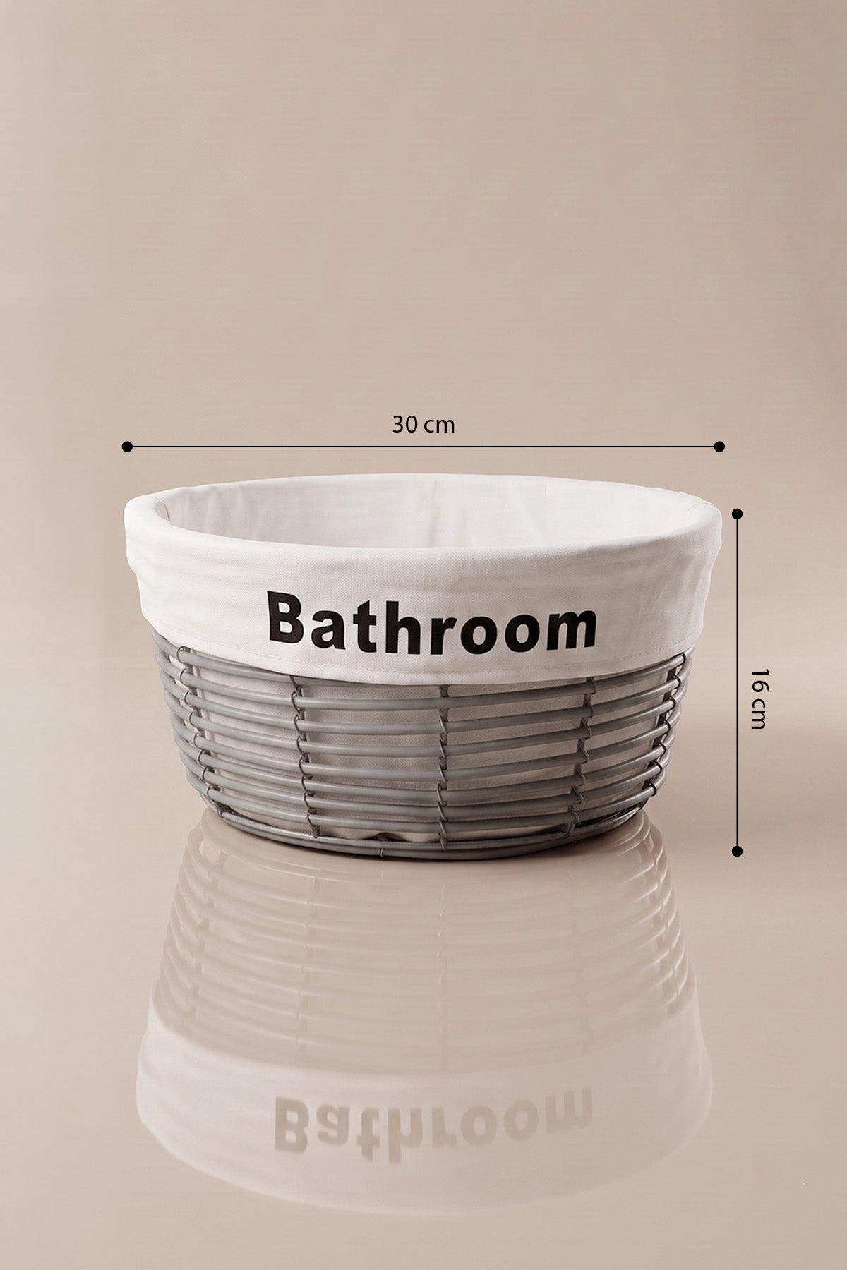 Orta boy gri banyo sepeti ölçüleri: 30 cm çap, 16 cm yükseklik