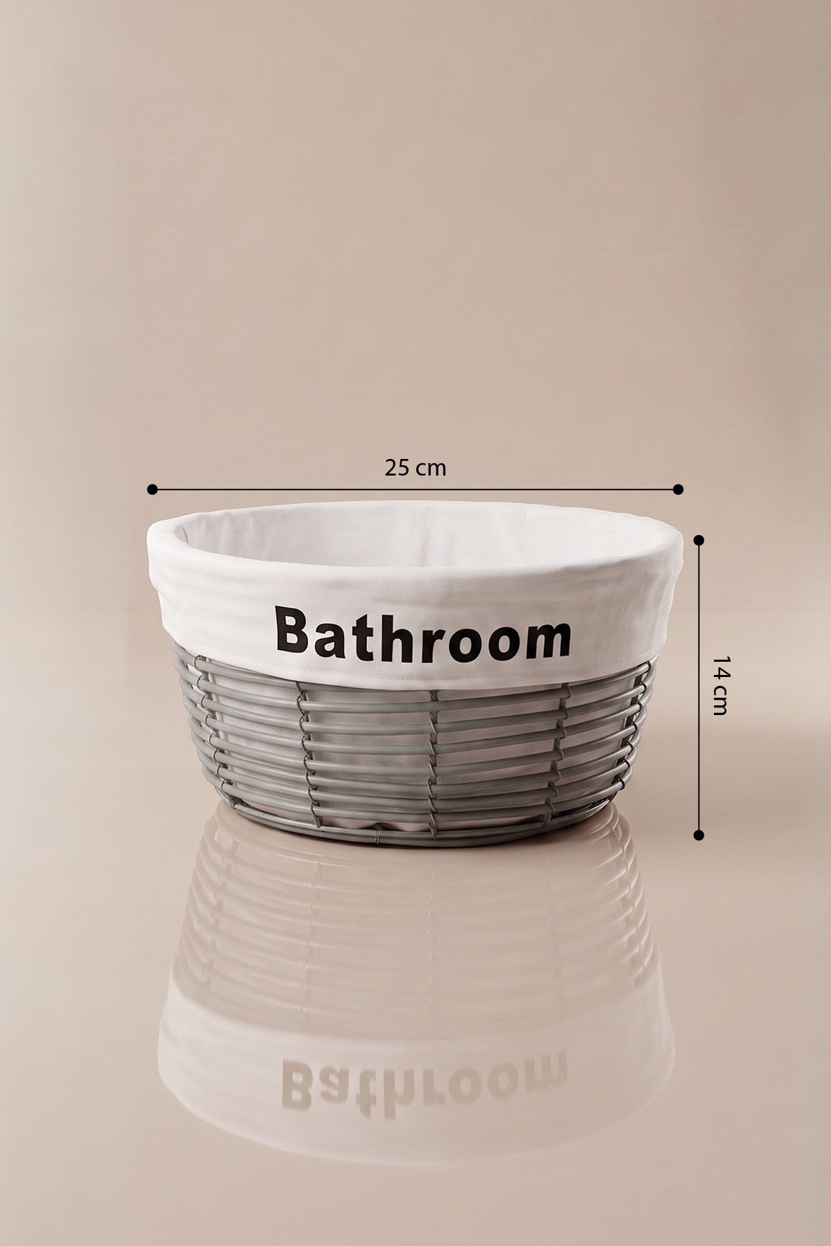 Küçük boy gri banyo sepeti ölçüleri: 25 cm çap, 14 cm yükseklik