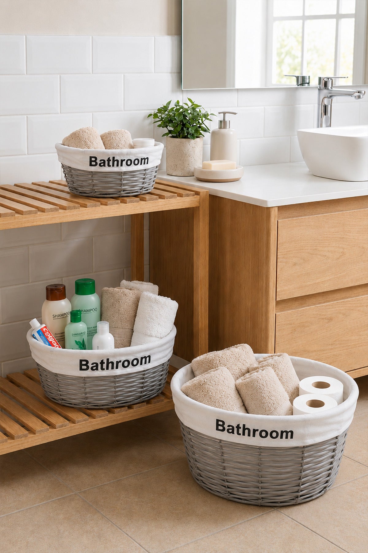 Banyo rafında ve zeminde havlu, tuvalet kağıdı ve şampuan dolu gri sepetler