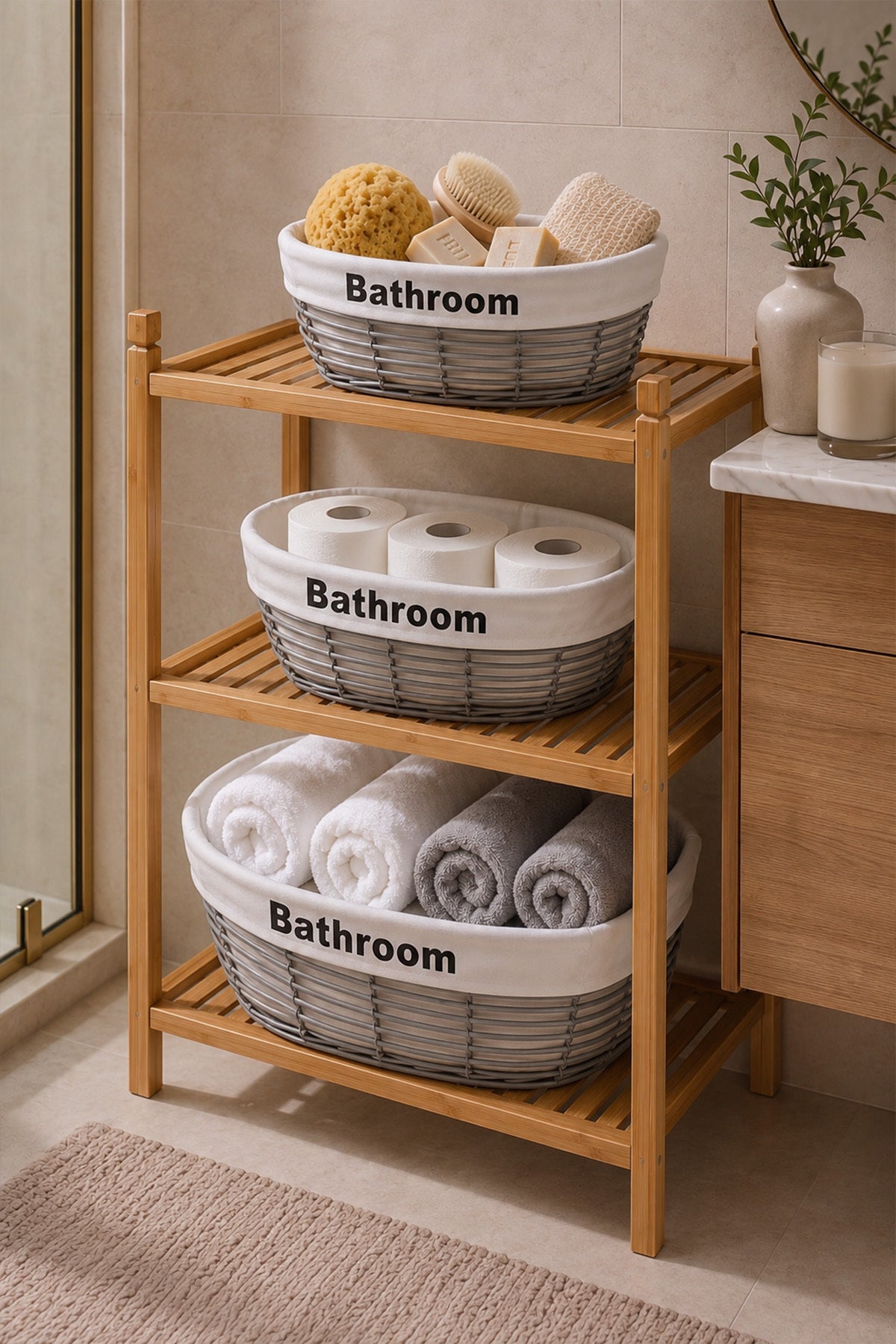 Ahşap banyo rafında üst üste dizilmiş gri sepetlerde havlu ve tuvalet kağıdı