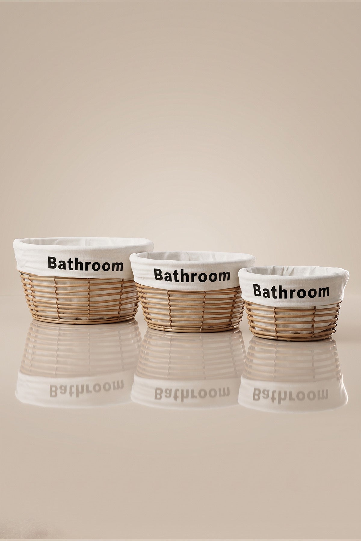 Bej 3'lü yuvarlak banyo sepet seti, Bathroom yazılı kumaş astarlı