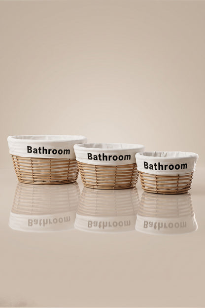 Bej 3'lü yuvarlak banyo sepet seti, Bathroom yazılı kumaş astarlı