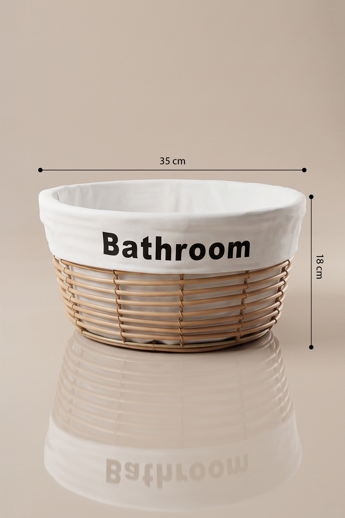 Büyük boy bej banyo sepeti ölçüleri: 35 cm çap, 18 cm yükseklik