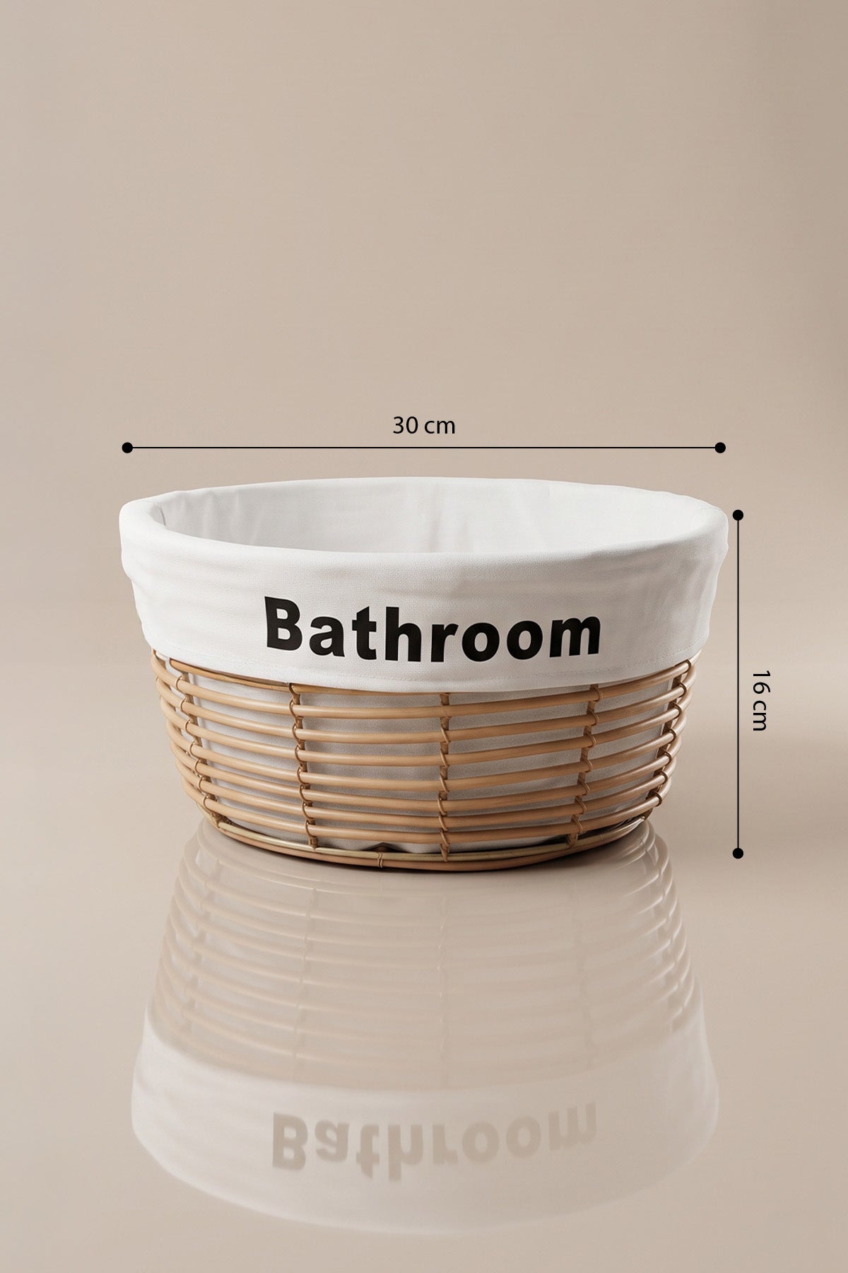 Orta boy bej banyo sepeti ölçüleri: 30 cm çap, 16 cm yükseklik