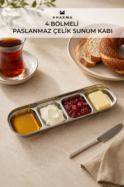 Kahvaltıda bal, krem peynir, reçel ve tereyağı sunulan gümüş renkli sunum kabı