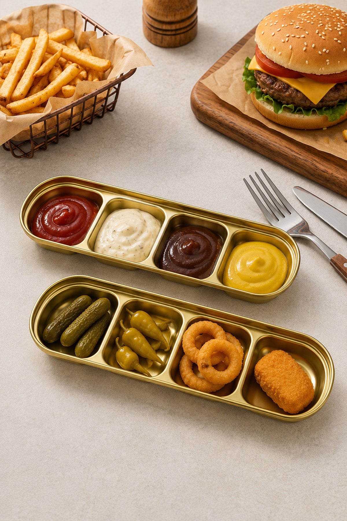 Hamburger ve patates yanında sos ve turşu dolu iki altın renkli 4 bölmeli sunum kabı