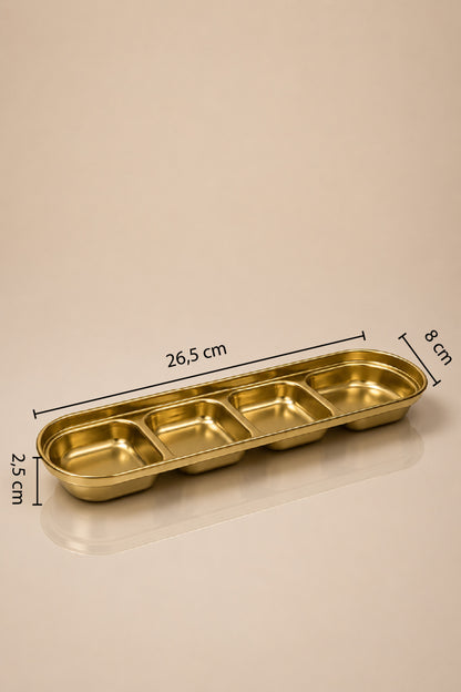 Altın renkli 4 bölmeli sunum kabı ölçüleri: 26,5 x 8 x 2,5 cm
