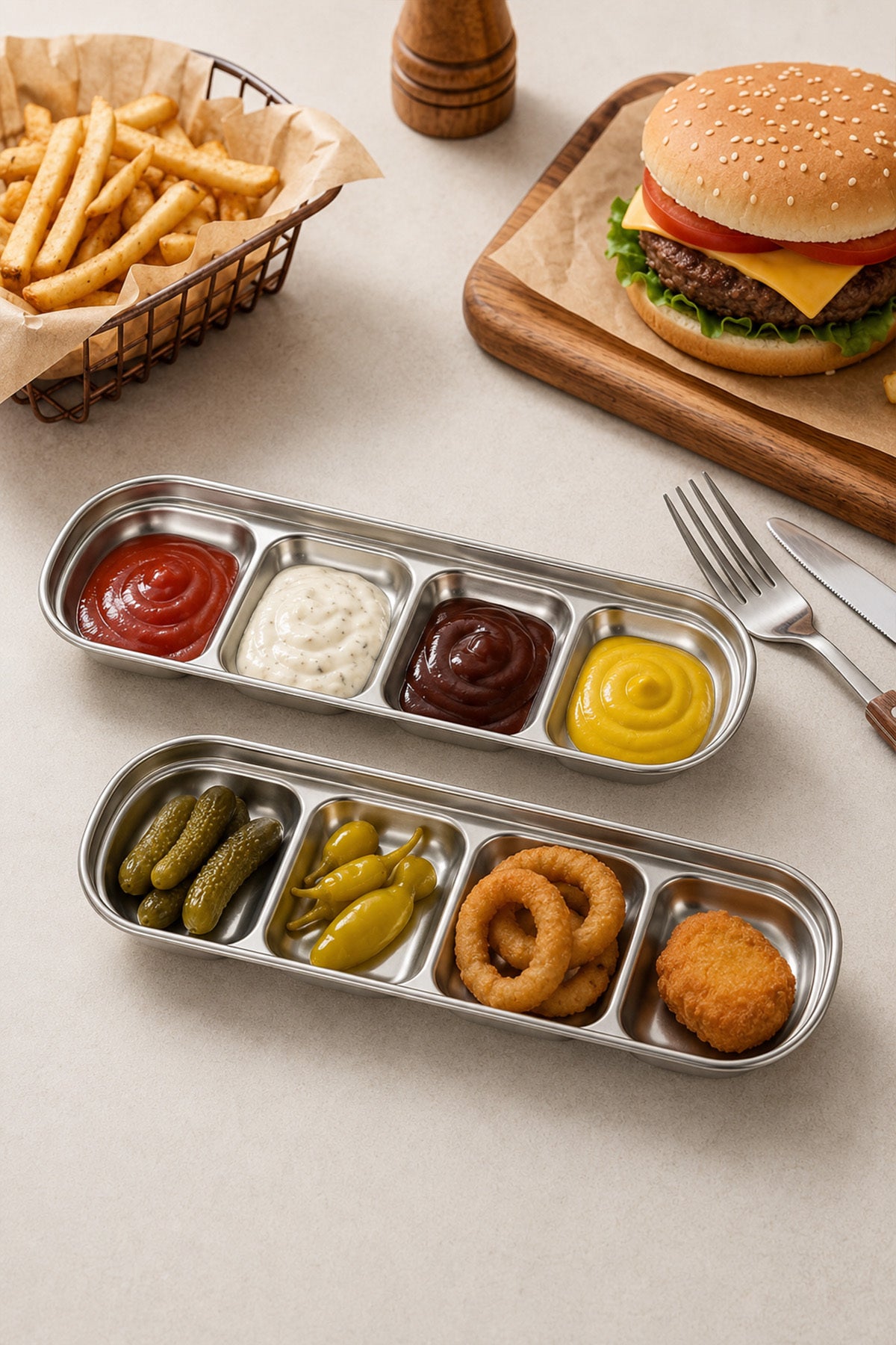 Hamburger yanında sos ve turşu servis edilen iki gümüş renkli bölmeli sunum kabı